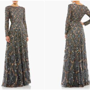 NEW Mac Duggal 5496 Beaded Sequin High Neck A Line Gown Dress Charcoal Gold